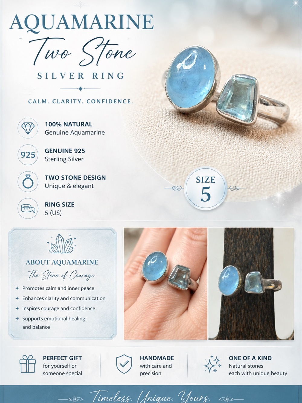 Aquamarine 925 Sliver Natural Gemstone Ring size 5